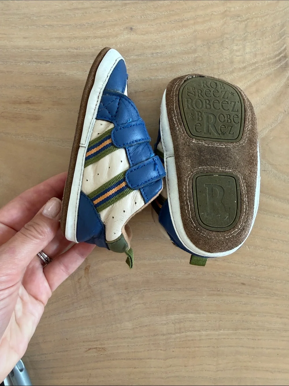 Robeez Blue and Beige Velcro Baby First Walkers- 18-24month